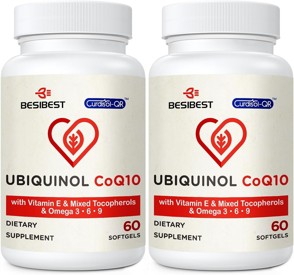 Ubiquinol CoQ10-600mg-Softgel, Active Coq10 Ubiquinol Suplemento con vitamina E &amp; Omega 3, 6, 9, alta absorción-coenzima-Q10, potente antioxidante para la producción de energía, testado, 120 cuenta