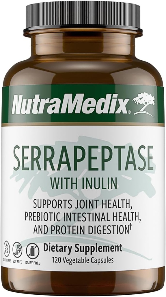 NutraMedix Serrapeptase Supplement with Proteolytic Digestive Enzymes for Women &amp; Men - Inulin Prebiotic Fiber for Gut Health & Joint Support - Dairy, Soy & Gluten-Free (120 Capsules)