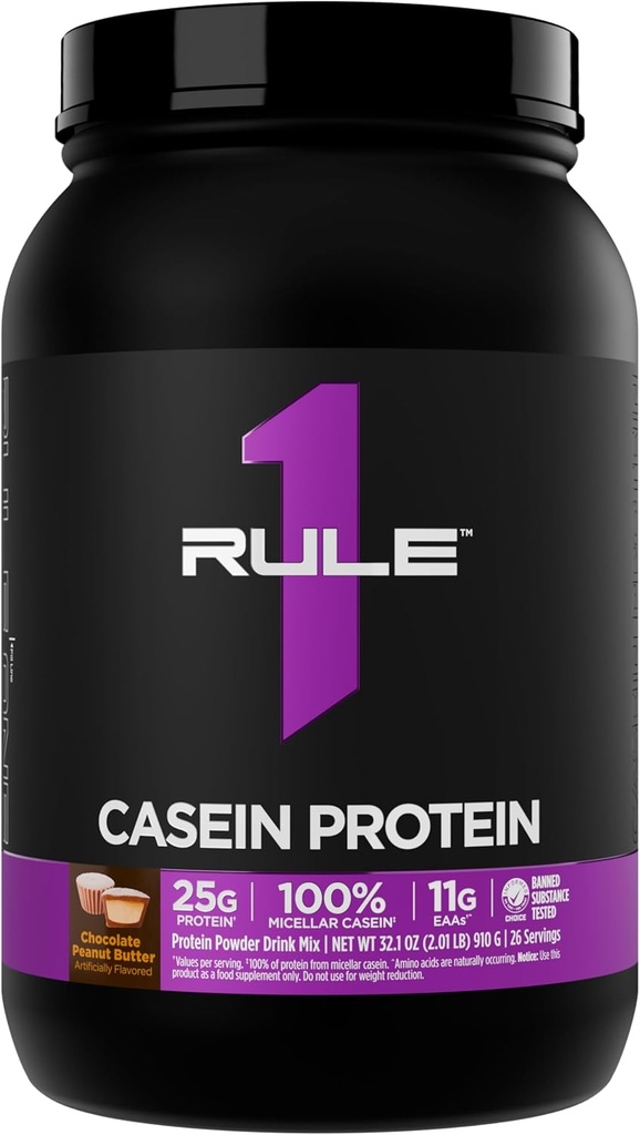 Regla 1 Casein Protein - 25g Protein y 11g EAAs Por Serving from Slow-Release Micellar Casein for Overnight Recovery and Sustained Delivery Between Meals (2 libras, Chocolate Peanut Butter)