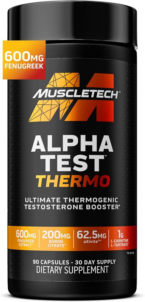 MuscleTech Thermogenic Testosterone Booster for Hombre, AlphaTest Thermo - T-Boost Mens Supplement with Tribulus Terrestris - Male Gym Workout Supplements for Muscle Growth, Stamina & Energy - 90 Pills
