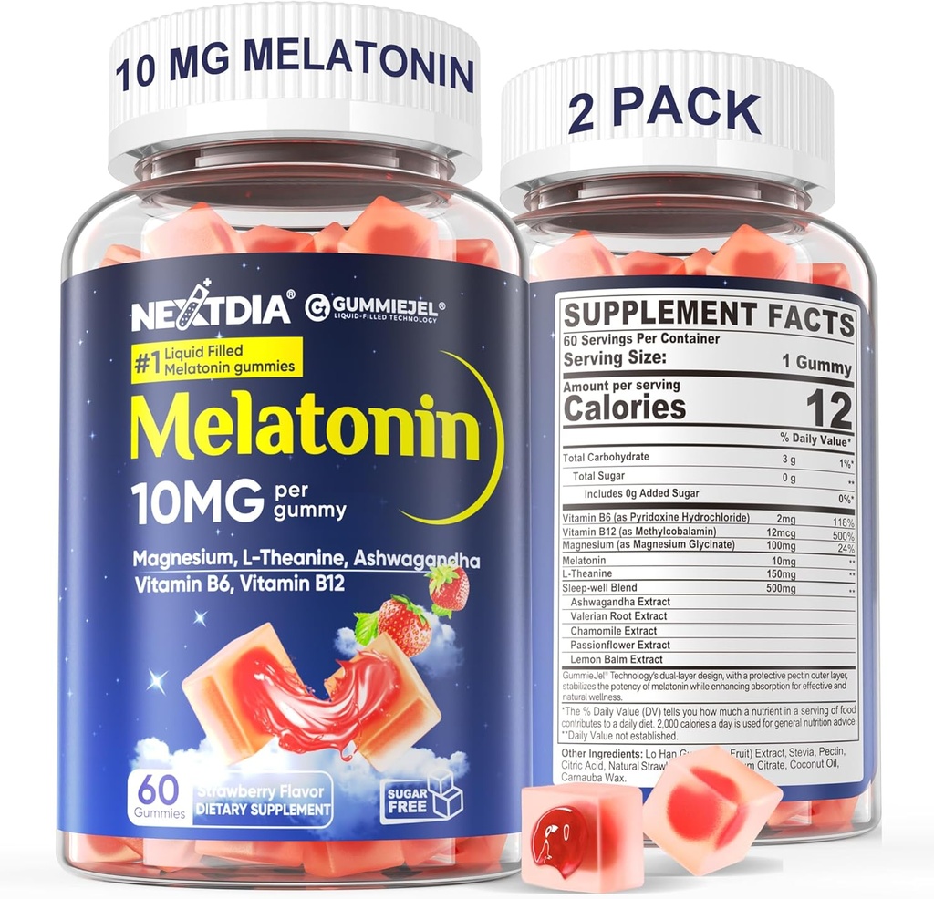 2 Pack Sugar Gummies de Melatonina Gratis 10mg 20mg Magnesium Glycinate Melatonin for Adults, Ashwagandha, L-Theanine, B6, B12, Lemon Balm and Chamomile for Deep Relaxation, Antioxidant, Vegan,120 Day