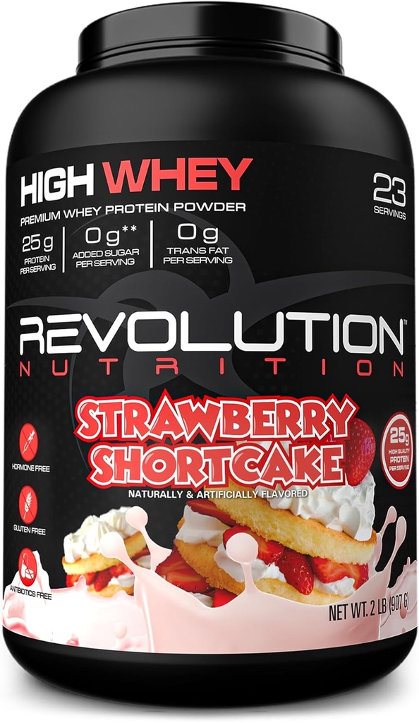 Revolution Nutrition, High Whey, Protein Powder 2LB, Whey Isolate, Gluten Free, Lean Muscle Mass for Men &amp; Women, 25g of Protein Per Scoop, 908 g, 24 Servings (Strawberry Shortcake, 2 Pound)