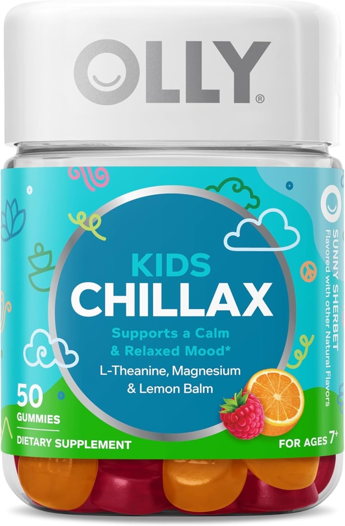 OLLY Kids Chillax Gummies, Magnesium, L-Theanine, Lemon Balm, Chewable Suplemento, Sherbet Flavor