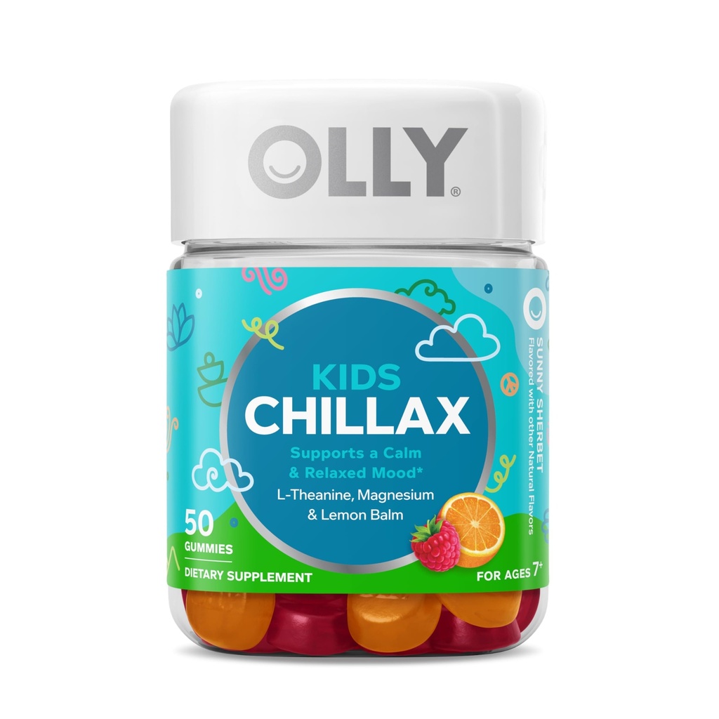 OLLY Kids Chillax Gummies, Magnesium, L-Theanine, Lemon Balm, Chewable Suplemento, Sherbet Flavor