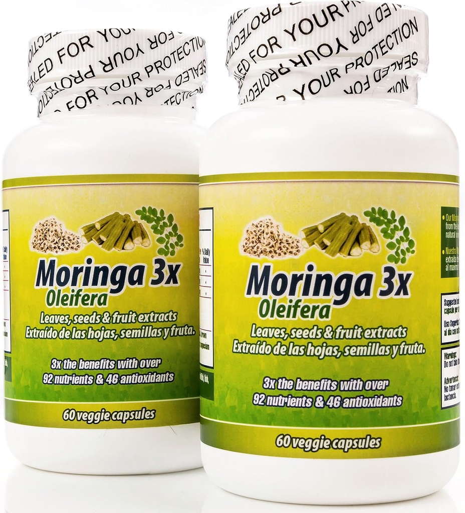 Moringa en Capsulas naturales. Set de 2 frascos. Triple accion, extraida de la planta, fruta y semillas. Alto contenido de proteinas, vitaminas y minerales