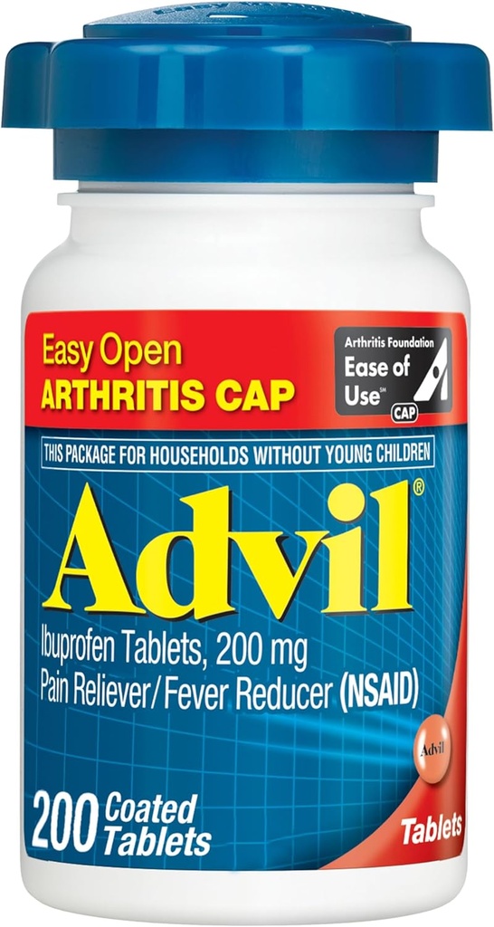 Advil Pain Reliever and Fever Reducer, Pain Relief Medicine with Ibuprofen 200mg for Joint Pain, Muscle Ache and Minor Arthritis Pain Relief - 200 Coated Tablets with Easy Open Arthritis Cap