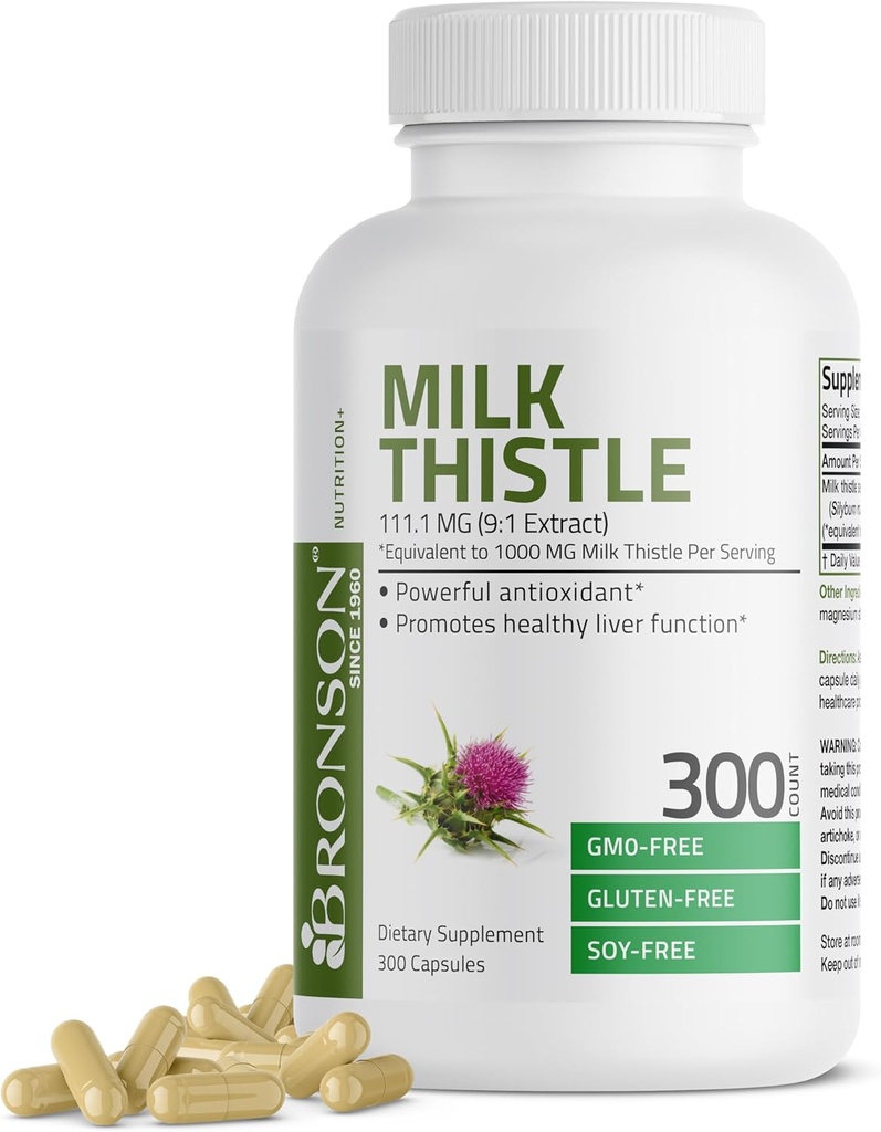 Bronson Milk Thistle 1000 MG Silybum Marianum Antioxidant &amp; Liver Health Support - Non-GMO, 300 cápsulas