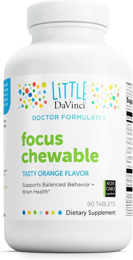 DAVINCI Laboratorios Focus Chewable - Suplemento para el comportamiento de apoyo, la salud cerebral y la salud inmunitaria para los niños* - con vitamina B6, folato, vitamina B12 y más - sabor a naranja - sin azúcar - 90 Tabletas