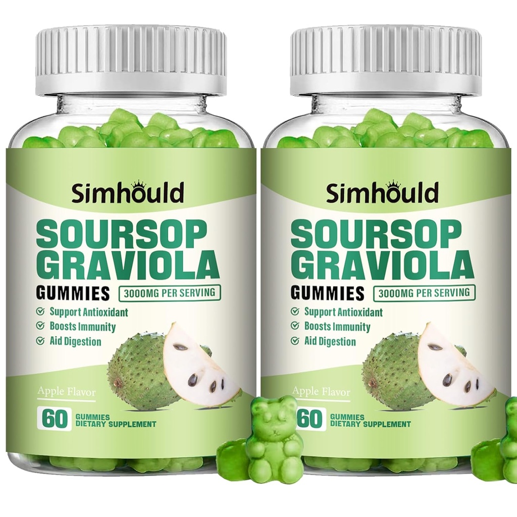 2 Pack Soursop Graviola Gummies - 3000mg Extra Strength Soursop Leaves Supplement with Vitamin C, Zinc - Digestive Aid, Immune Support & Antioxidant - Sugar-Free, Non-GMO, Vegan, 120 Condes