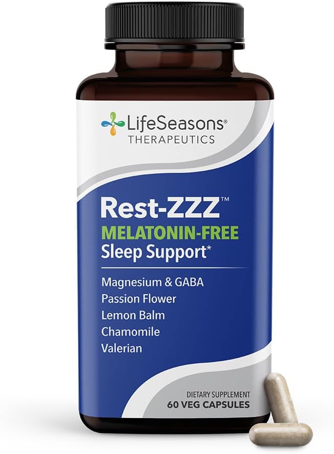 LifeSeasons Rest-ZZZ Melatonin Gratis - Apoyo al sueño Suplemento - Calmas Nervous System - Eases Restlessness & Nerve-Related Sleeplessness - Magnesium GABA &amp; Chamomile - 60 cápsulas