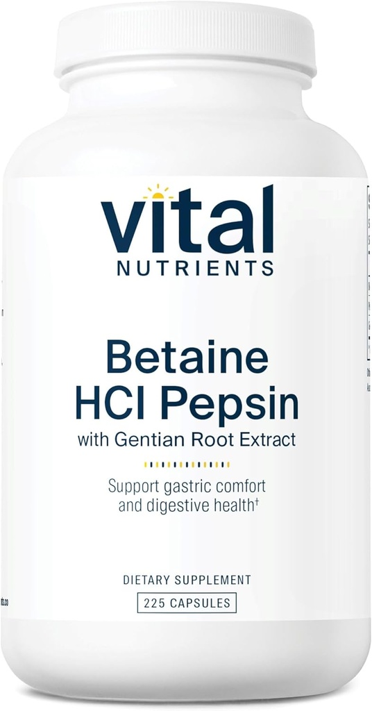 Vital Nutrients Betaine HCL Pepsin with Gentian Root Extract ¦ Digestive Enzyme Formula to Support Protein Digestion and Nutrient Absorption* TEN Gluten, Dairy, Soy Free TEN 225 Capsules