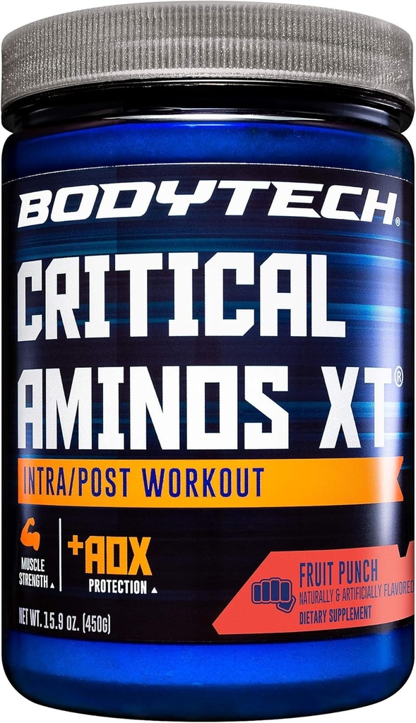 BODYTECH Critical Aminos XT Intra/Post Workout Powder en Delicious Fruit Punch Flavor - Formulado para apoyar la recuperación del músculo y mejorar el rendimiento para resultados óptimos (15.9 oz / 45 Servings)