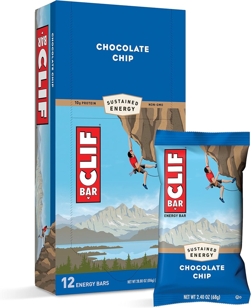 CLIF BARS - Bares de energía - Chocolate Chip - Hecho con avena orgánica - Alimentos vegetales - Vegetariano - Kosher (2.4 Ounce Protein Bares, 12 Cuenta) Embalaje Mayo Vary