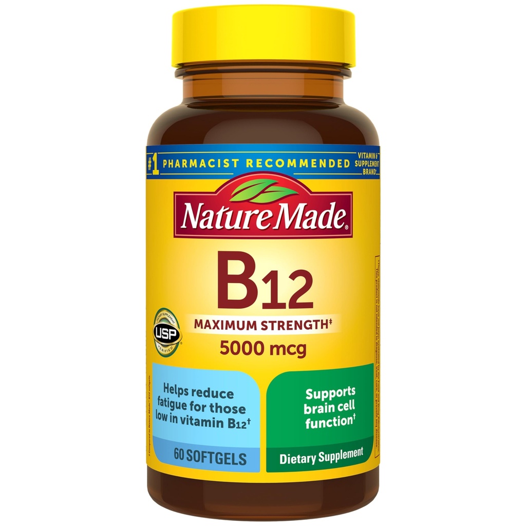 Nature Made Maximum Strength Vitamin B12 5000 mcg, Dietary Supplement for Energy Metabolism Support, 60 Softgels, 60 Day Supply