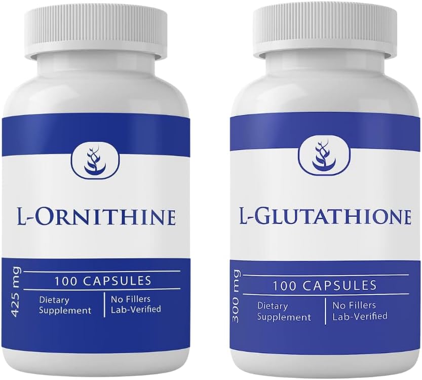 PURE ORIGINAL INGREDIENTES L-Glutathione & L-Ornithine Bundle (100 capsules cada uno), No aditivos o artillería, Lab Verified