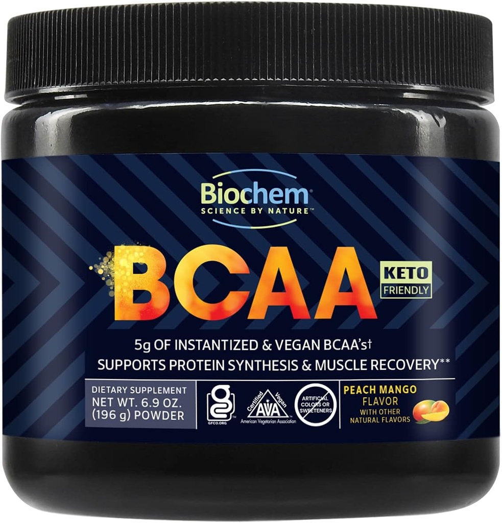 Biochem BCAA Powder Peach Mango 5g – 30 Servings | Vegan, Gluten Free, Keto, Instantized 2:1:1 BCAA Supplement for Muscle Recovery, Protein Synthesis & Hydration | Electrolyte Amino Acid Powder