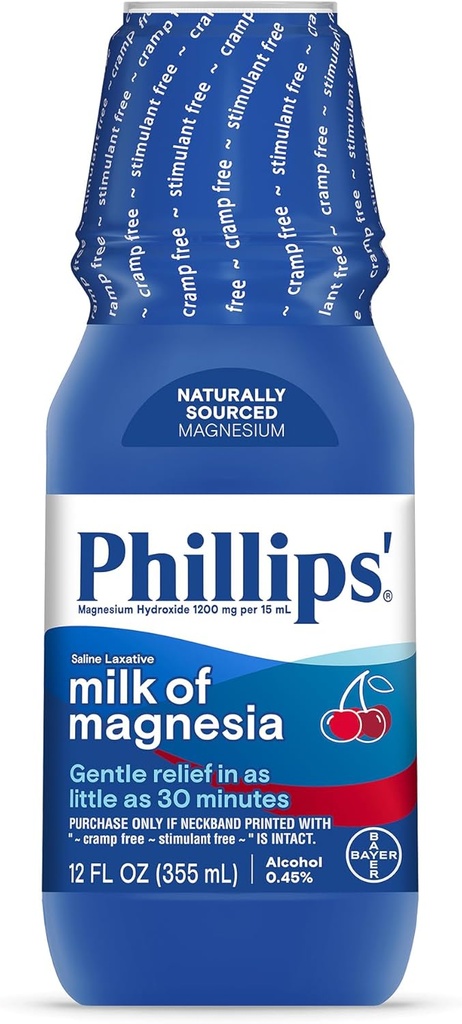 Phillips’ Milk of Magnesia Liquid Laxative, Wild Cherry Flavor, 12 oz, Stimulant &amp; Cramp Free Relief of Occasional Constipation, #1 Milk of Magnesia Brand
