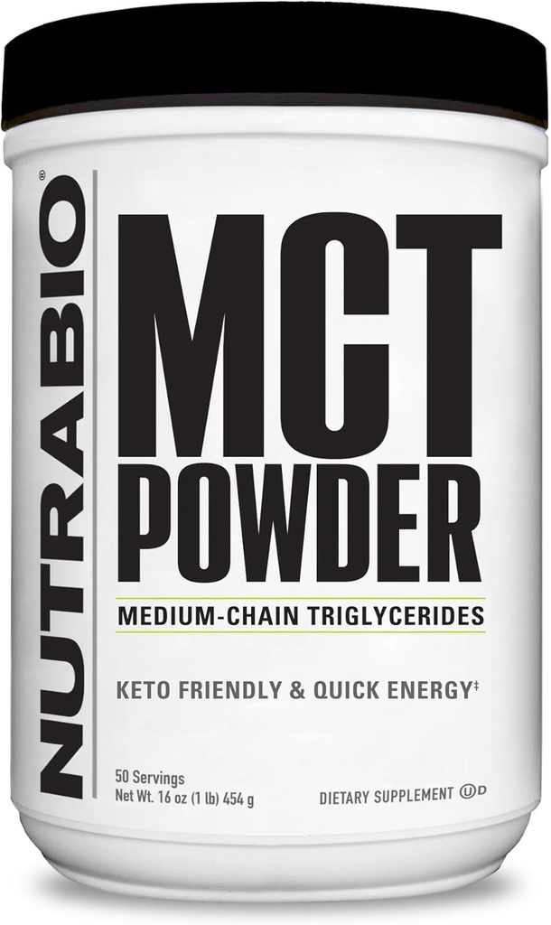 NutraBio MCT Powder, Triglicéridos de Cadena Media, Ganancia de Peso Lean, Keto Friendly, 1 lb. Polvo - 50 Servimientos