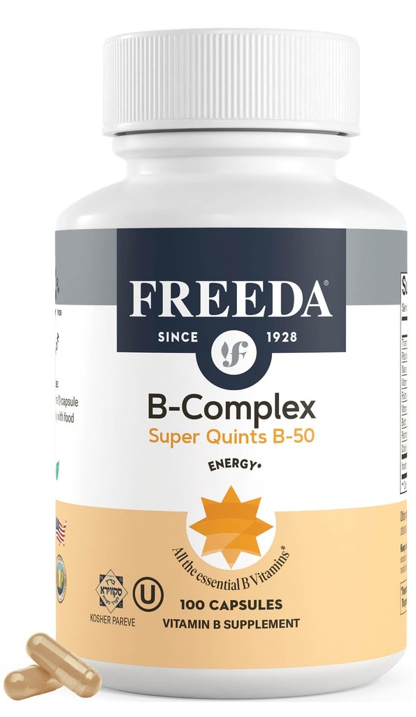 FREEDA Vitamina B Complejo - Super Quintas B-50 - Kosher Super B Complejo Vitamina Suplemento para Hombres con Vitamina B1 Vitamina B2 Vitamina B6 Vitamina B12 Plus Ácido Fólico (100 cápsulas)
