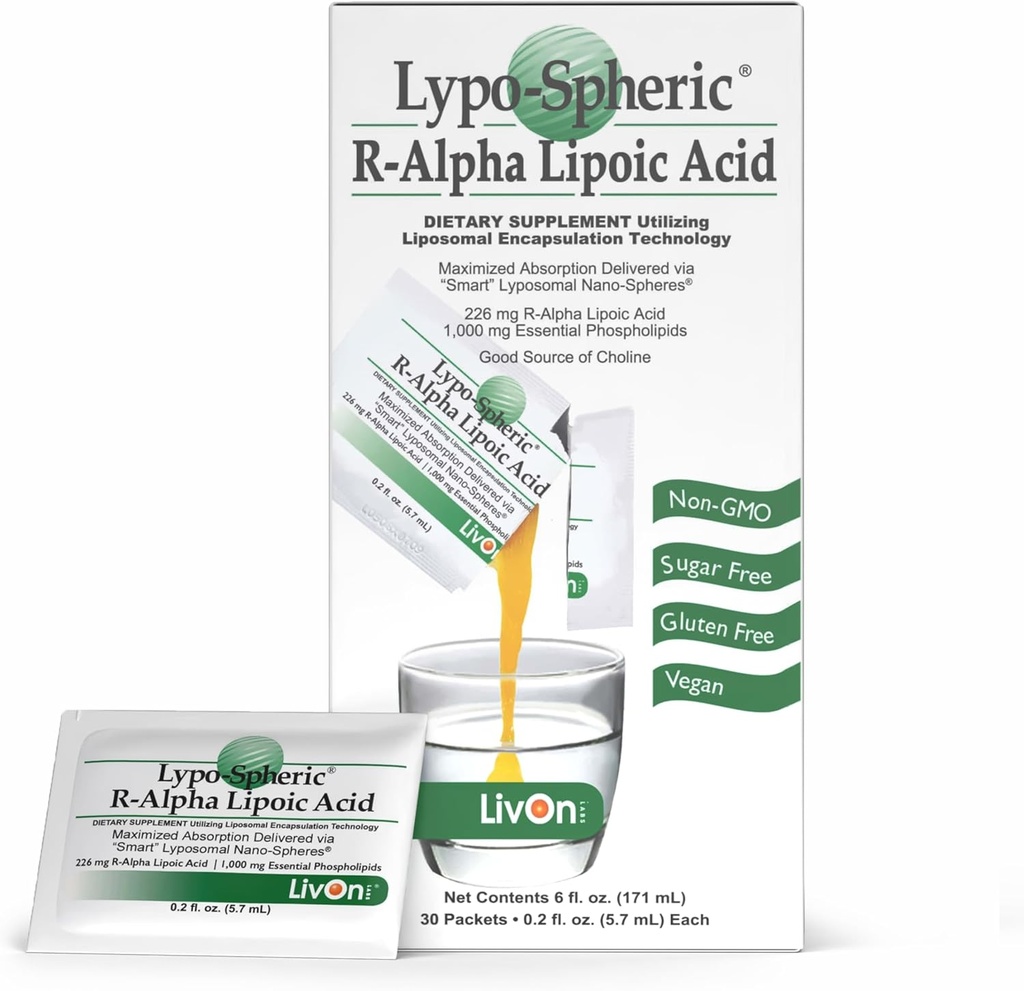 LivOn Laboratories Lypo-Spheric R-Alpha Lipoic Acid - 30 Packets - 226mg Por Packet - Liposome Encapsulated for Maximum Bioavailability - 100% Non-GMO