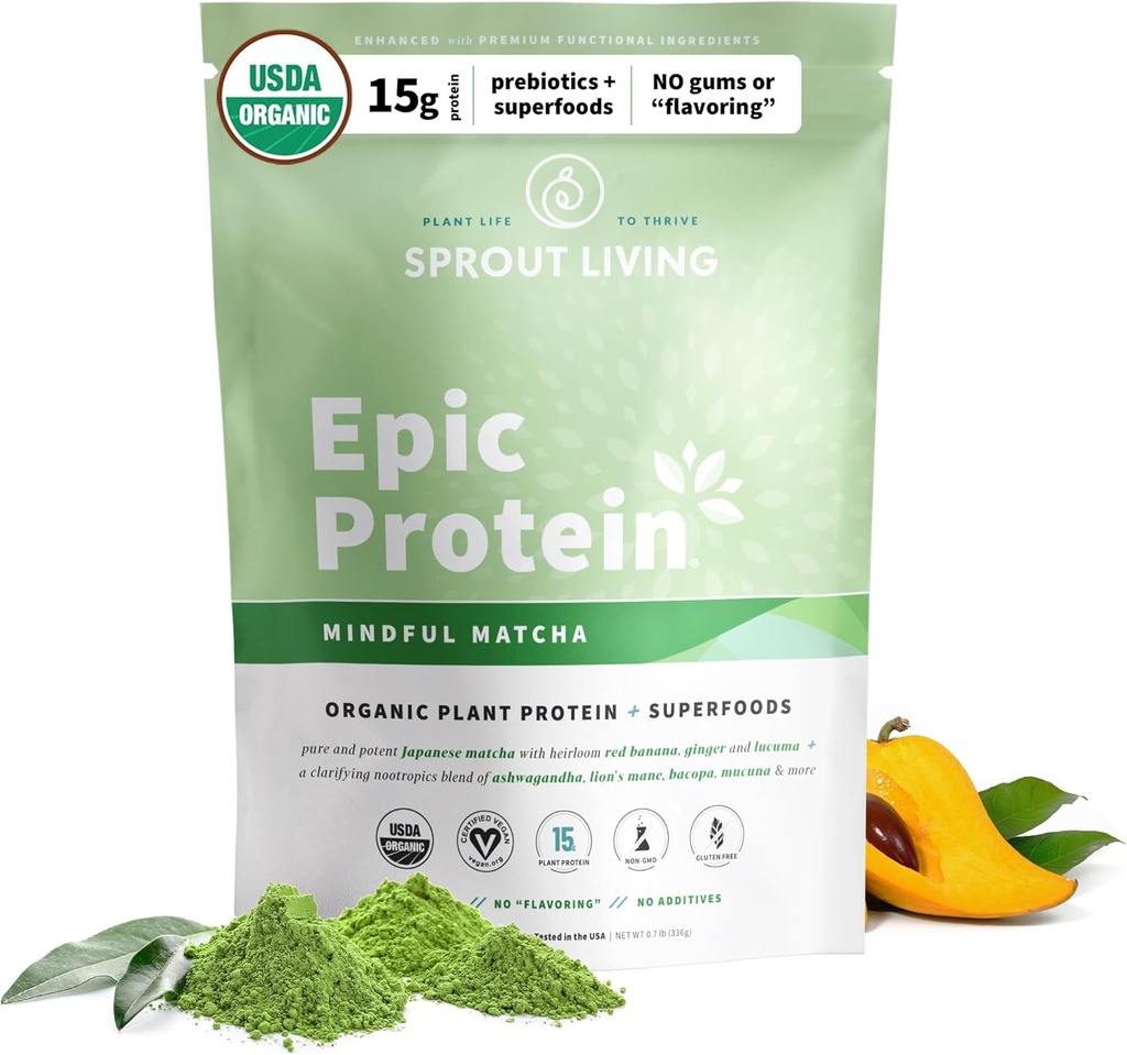 Sprout Living Epic Protein, Plant Based Protein & Superfoods Powder, Mindful Matcha  17 Grams Organic Protein Powder, Vegan, Non-GMO, Gluten Free, Adaptogens + Nootropics (1 Pound, 12 Servings)