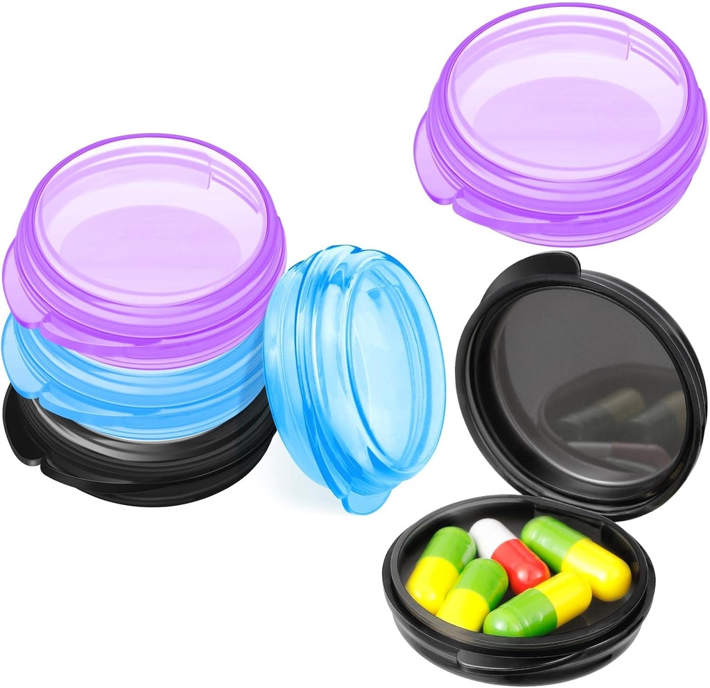 Patelai 6 Packs Small Pill Organizer Box, Travel Pill Container Portable Daily Mini Medicine Case Holder for Pocket Purse Briefcase Travel Medicine Cod Liver Oil Storage Box (Black, Purple, Blue)