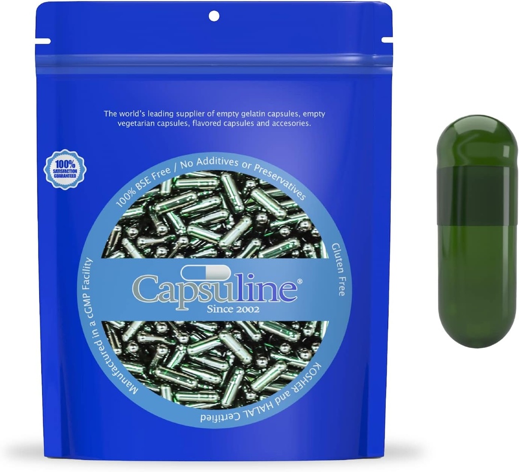 Capsuline Chlorophyll Colored Size 00 Empty Vegan Capsules - 1000 Cuenta - Empty Veggie Pill Capsules - DIY Vegetable Capsule Filling - Empty Caps - Kosher Non-GMO Certified (Green)