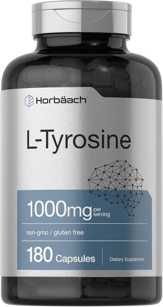 Horbaach L-Tyrosine Suplemento Silencio 1000mg  180 Capsules ← Non-GMO y Gluten Free Formula