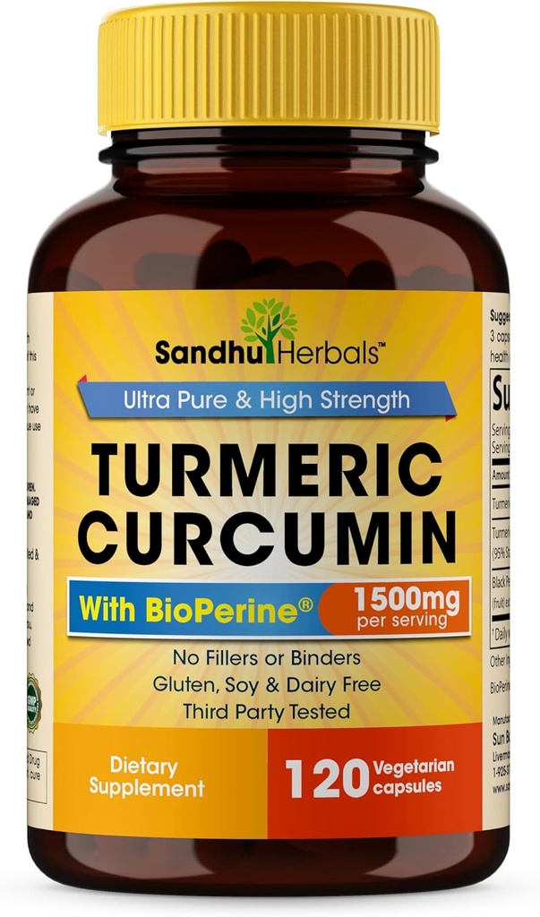 Sandhu Herbals Orgánica Turmeric Curcumin 120 Capsules con Bioperine Black Pepper Extracto Suplemento Silencio 1500mg con 95% Curcuminoides Silencio Immune Support