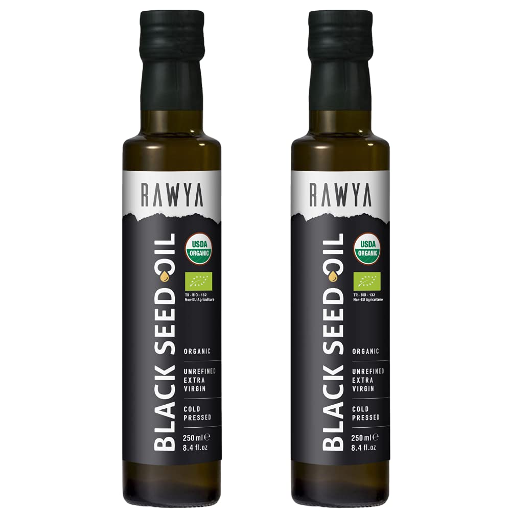 RAWYA Black Seed Oil - Orgánica Frío Presionado Nigella Sativa - Orígen Turco - USDA Orgánica - Suplemento Natural - Black Cumin Seed Oil - Rich Flavor & High Concentration - 250ml Glass Bottle - 2 Pack