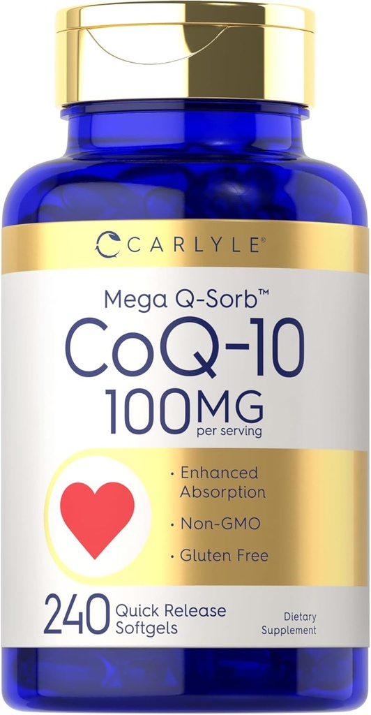 Carlyle CoQ10 100mg TEN 240 Softgels TEN Mega Q-Sorb Coenzyme Q-10 Silencio con Black Pepper Extract ANTE No GMO, Gluten Free Supplement