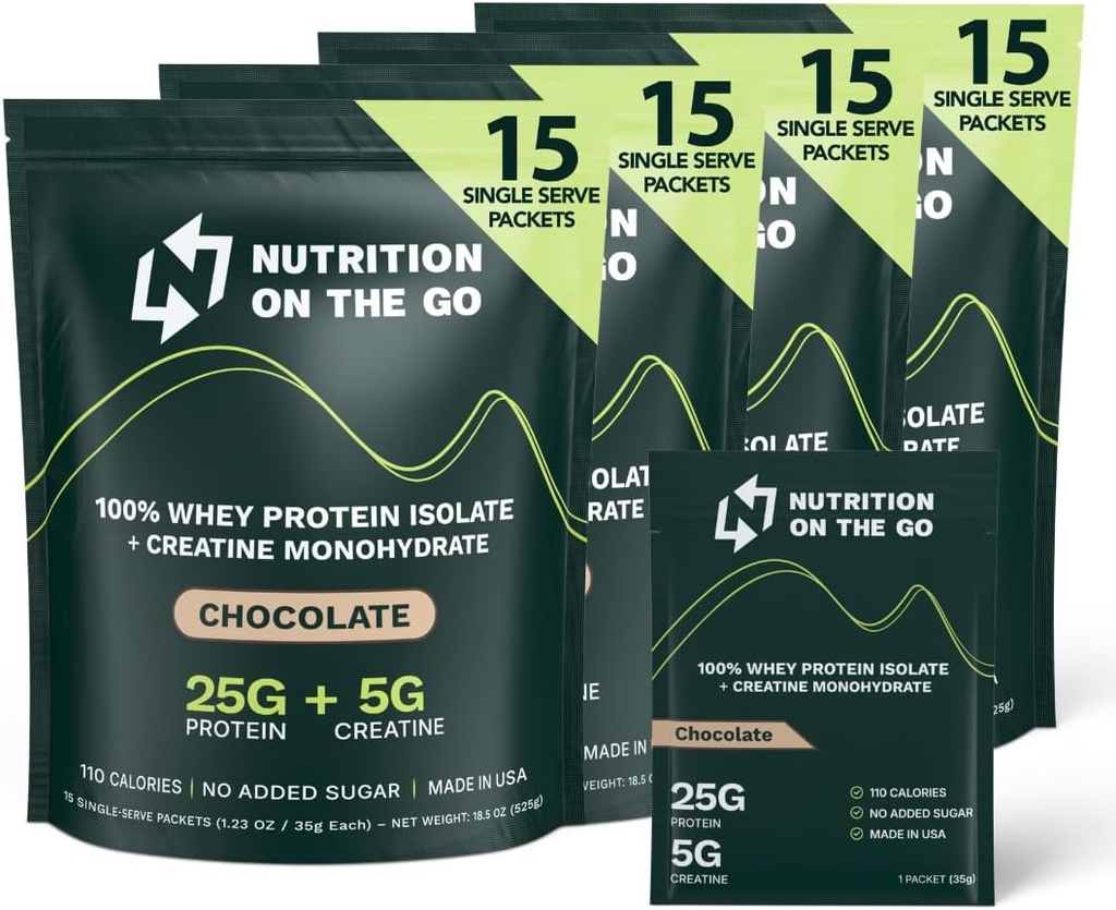 Nutrición en la proteína de Go Whey Packets con crema – 25g Proteína + 5g Creatina – Polvo de proteína de un solo paso – Chocolate (60-Pack)