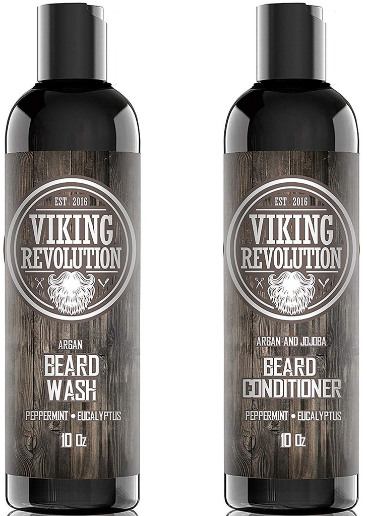 Juego de champú y acondicionador de barba de la revolución Vikingo - Kit de cuidado de barba de más alto nivel con aceites Argan y Jojoba para el crecimiento saludable de la barba, sin picazón o irritación, Rich Lather, Eucalyptus Scent (10 oz)
