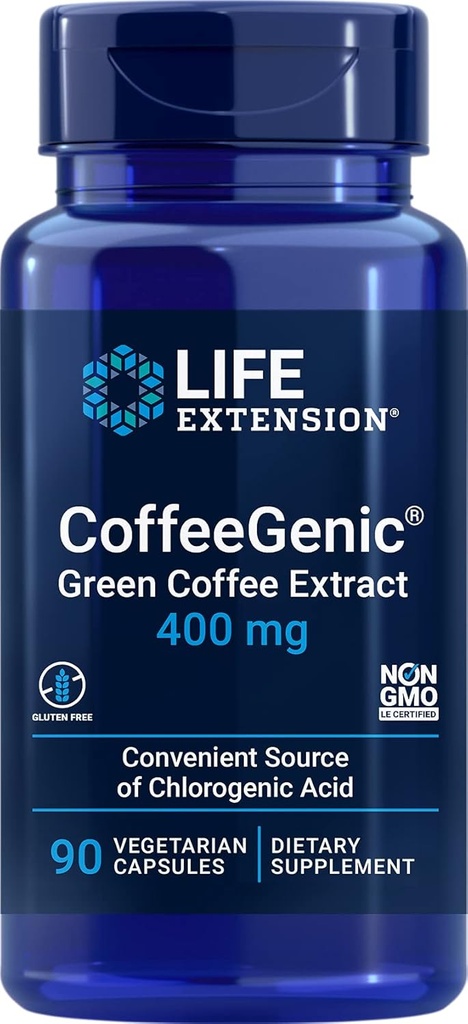 Life Extension CoffeeGenic® Green Coffee Extract, 400 mg, standardized for 50% chlorogenic Acid, After-Meal Metabolism Support, Gluten Free, Non-GMO, Vegetarian, 90 Capsules