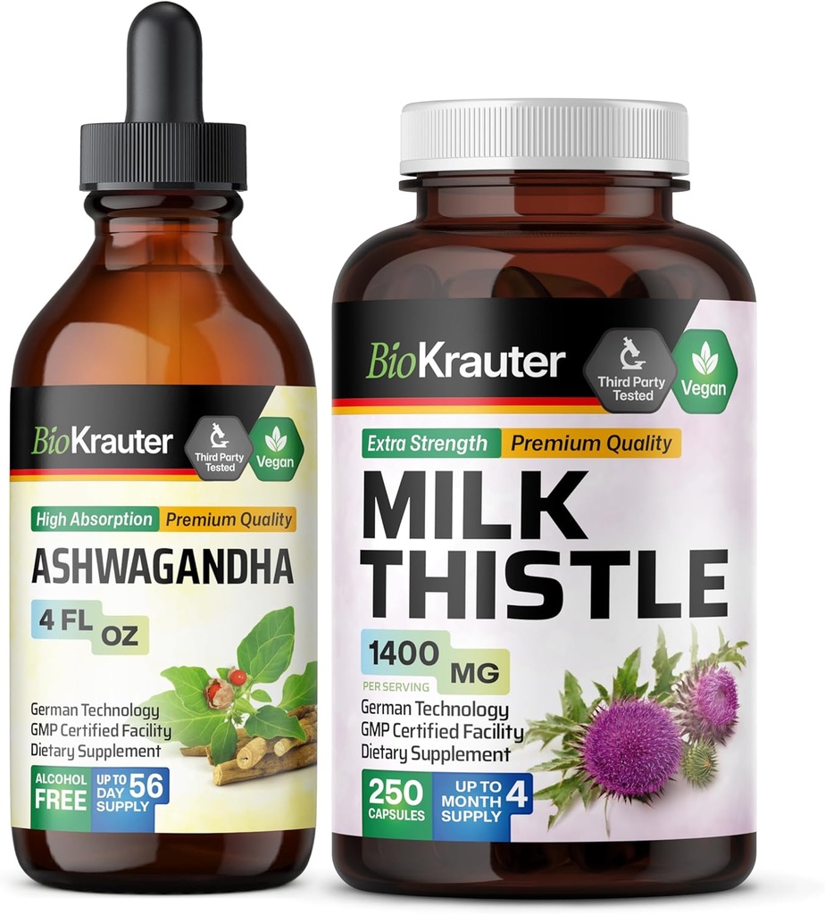 BIO KRAUTER Ashwagandha Tincture 4 Fl. Oz. & Milk Thistle 250 Capsules