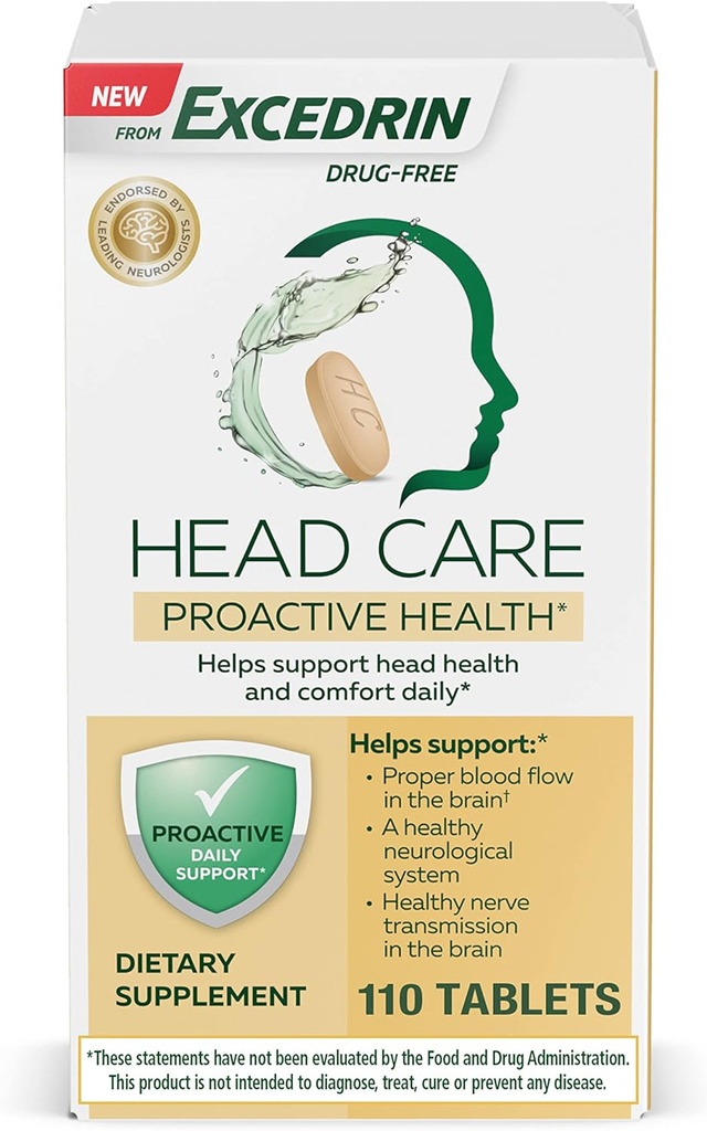 Excedrin Head Care Salud proactiva con Magnesio, Riboflavin, Vitamina B6, ácido fólico y vitamina B12, Suplemento dietético apoya la salud de la cabeza y el confort diario – 110 conteo