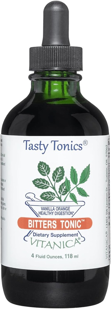 Vitanica Bitters Tonic, Suplemento de Digestión Líquida, Apoyo a la Digestión, Alcohol Gratis, Vanilla Orange, Vegan, 4 onzas