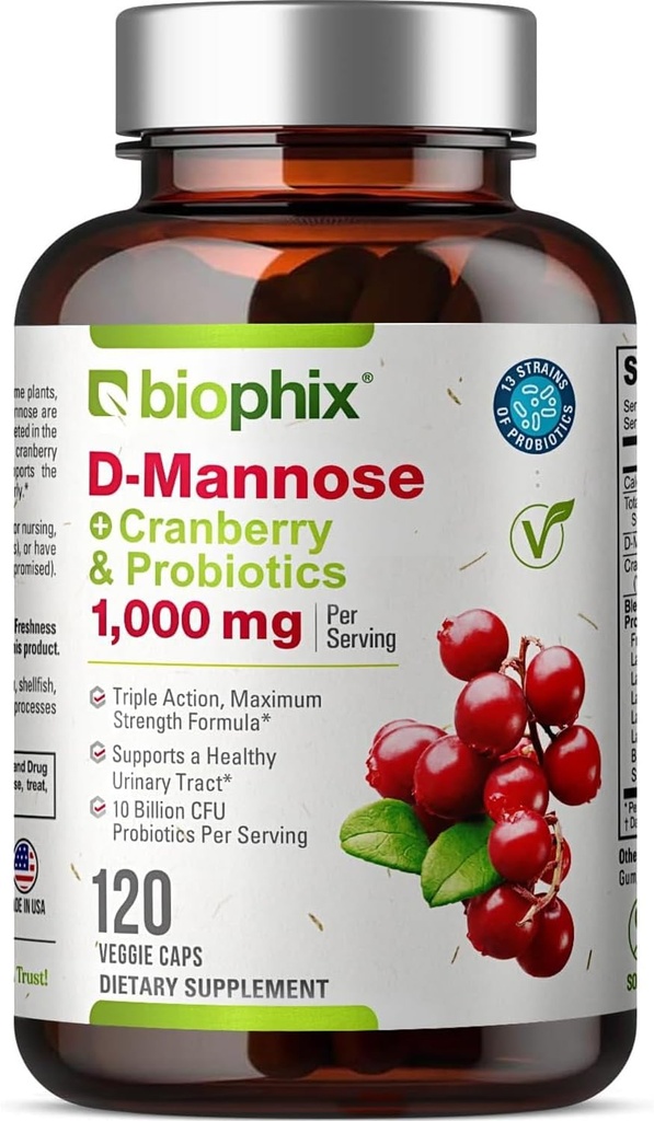 biophix D-Mannose 1000mg cápsulas con probióticos de arándano - D Mannose Suplementos para mujeres - D-Mannose Píldoras para Urinary Tract &amp; Bladder Health Support - Digestive Well-Being - 120 Vcaps