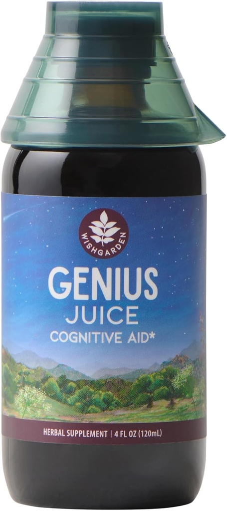 WishGarden Herbs Genius Juice - Liquid Herbal Nootropic Brain Booster Supplement for Focus, Clarity, Concentration & Energy with Ginkgo Biloba & Gotu Kola, Cognitive Support, No Caffeine, 4oz