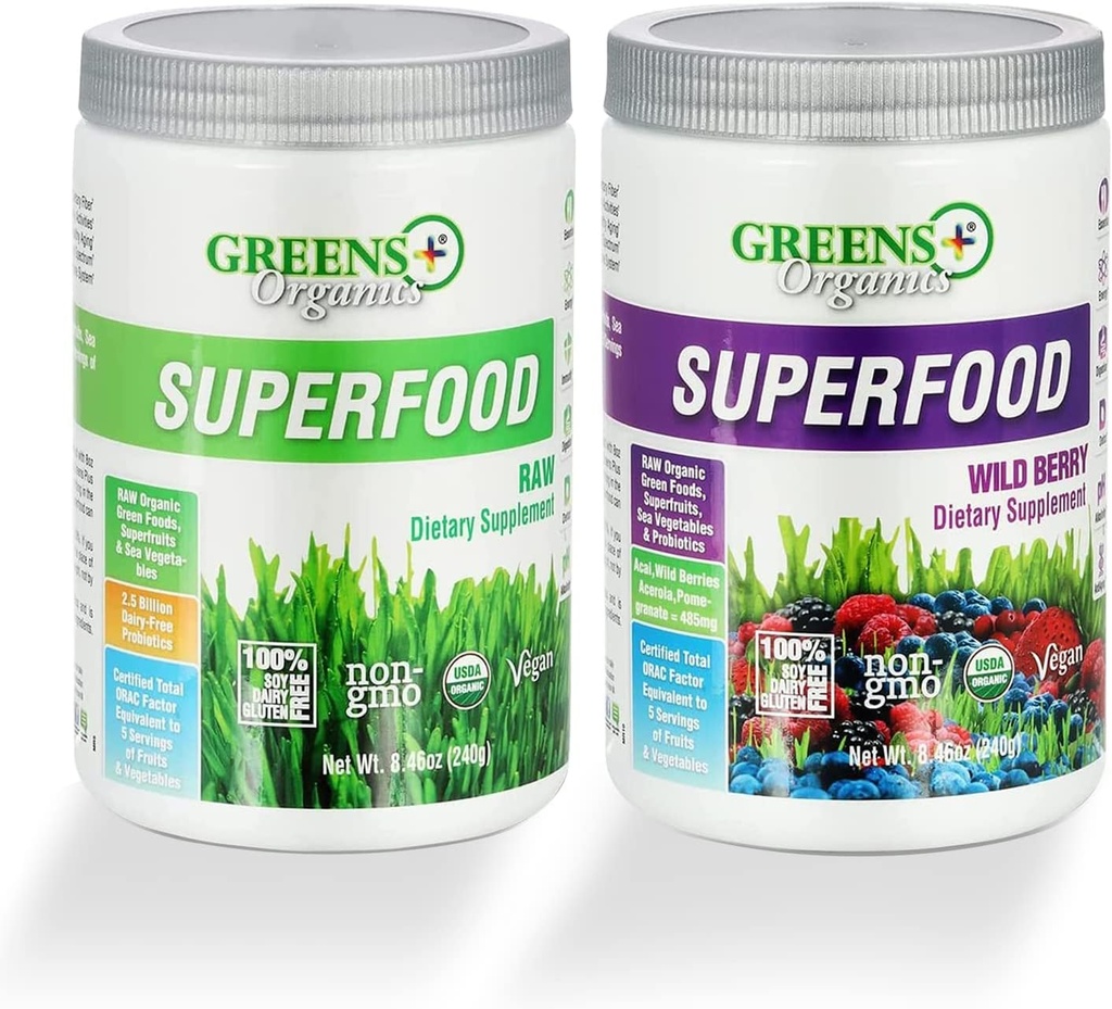 Greens+ Pólvora de Superalimentos Orgánicos, Superalimentos Raw " Pólvora de Berry, Pólvora de Superalimentación Gratuita Gluten, Infundida con Probióticos, USDA Organic, Bundle (Pack of 2)