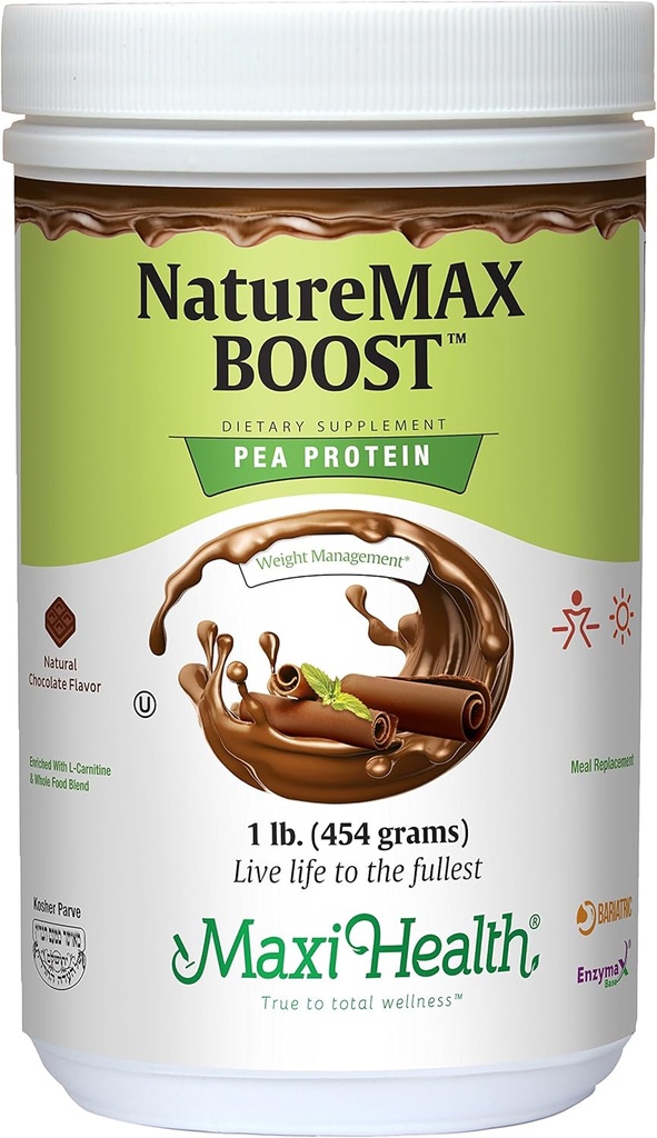 NatureMax BoostTM Pea Protein Powder - Suplemento energético Reemplazo de comida - 20g Proteína por ser - Natural Chocolate Flavor - Kosher Vitamina - 1lb.