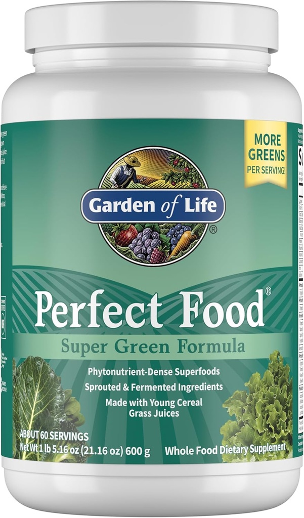 Garden of Life Perfect Food Super Green Fórmula - 60 Servings, 45 Superfoods, Greens, Fruit &amp; Veggie Juice Superfood Powder Suplemento, Probiotics &amp; Organic Spirulina for Digestion & Immune Health