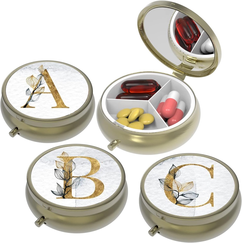 Caja pequeña de pill,Caso de Píldora para Púrpura Pocket,3 Compartimientos Caja de Píldora de Viaje Medicación Organizador Almacenamiento para Vitaminas, Píldoras, Aceite de Pesca y Pendientes, Fríos, Bronce-3Round(ABC)