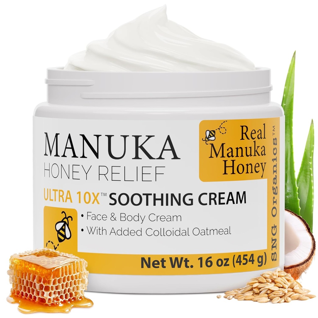Super Natural Goods Manuka Honey Cream (16oz) – Hidrating Lotion for All Skin Types Adecuado para Niños y Adultos ← Crema corporal hidratante con miel Manuka real Aloe Vera Juice y mantequilla de cacao