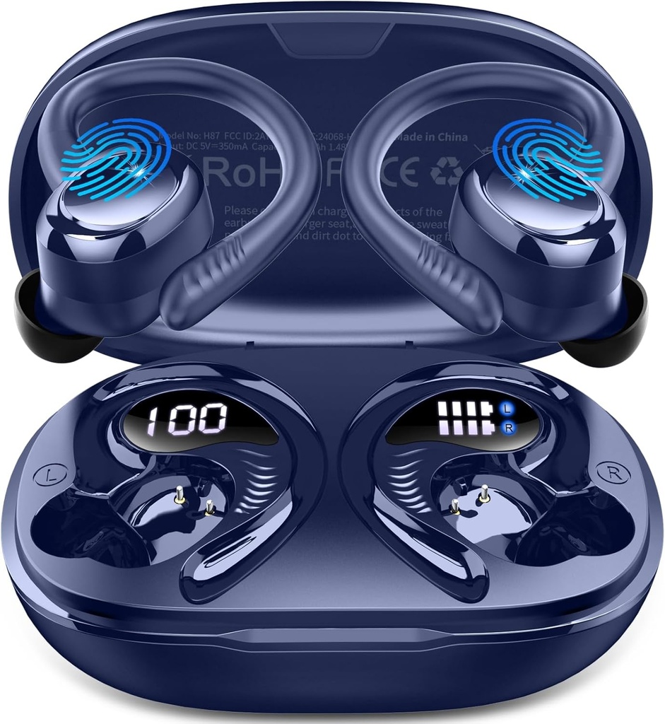 Wireless Earbuds Sport, 2025 Bluetooth 5.4 Headphones with Earhooks, 50H Stereo Deep Bass Over Ear Buds with 4 ENC Noise Canceling Mics, IP7 Waterproof Earphones for Running Workout Gym -Blue