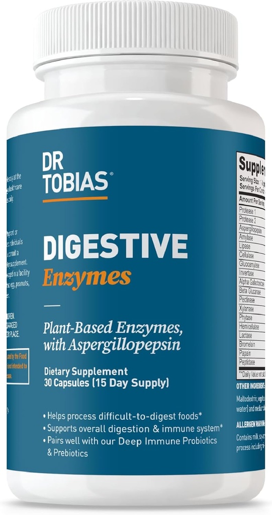 Dr. Tobias Digestive Enzymes with Amylase, Bromelain, Lipase, Lactase, Protease, Papain &amp; More, Digestion Supplement with 18 Enzymes for Digestion and Gut Health, 30 Capsules, 15 Servings