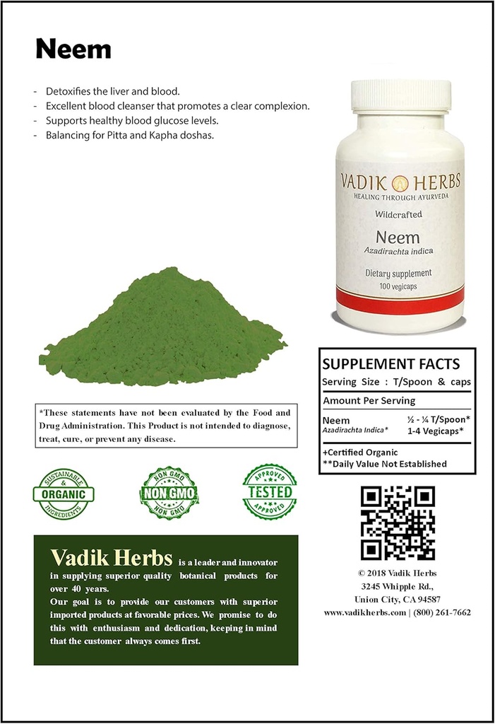 Certified Organic Vadik Herbs Neem (Azadirachta Indica) Powder 1lb. Pack | Excellent Blood Cleanser, Supports Healthy Blood Glucose Levels, Balancing for Pitta and Kapha Doshas