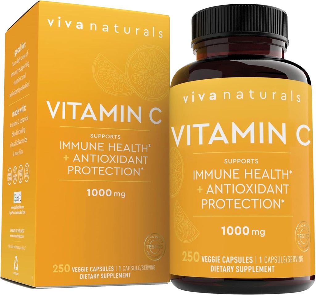 Viva Naturals Vitamina C, 1000 mg, 250 cápsulas vegetarianas – con Citrus Bioflavonoides &amp; Rosa HIPS, No GMO para Apoyo Inmuno &amp; Protección Antioxidante
