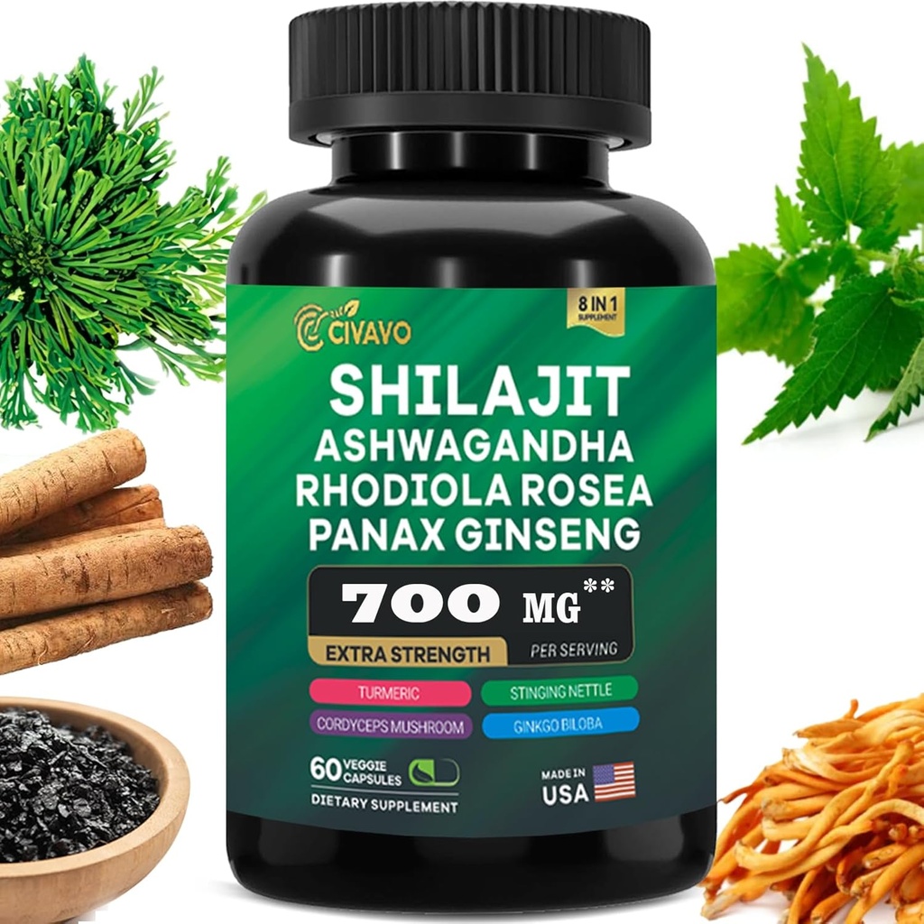 Shilajit Pure Himalayan 9000MG, Ashwagandha 2000MG, Rhodiola Rosea 1000MG, Panax Ginseng 1500MG, Turmeric 500MG, Gingko Biloba 500MG, Stinginginginging Nettle 250MG, Cordyceps Mushroom 500MG