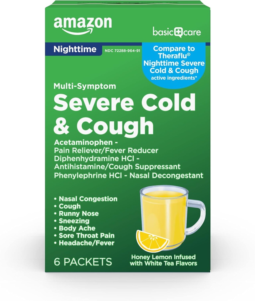   Basic Care Nighttime Severe Cold, Flu and Cough Suppressant Medicine Powder, Pain Reliever/Fever Reducer, Nasal Decongestant, Antihistamine, Honey Lemon Infused with White Tea Flavors, 6 Count